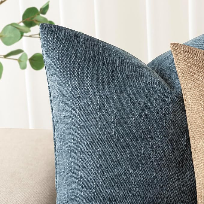 Foindtower Pack of 2 Soft Textured Chenille Throw Decorative Pillow Covers Square Accent Solid Cushion Cover Cozy Neutral Farmhouse Pillow Case for Couch Sofa Bedroom Living Room 22x22 Inch,Blue