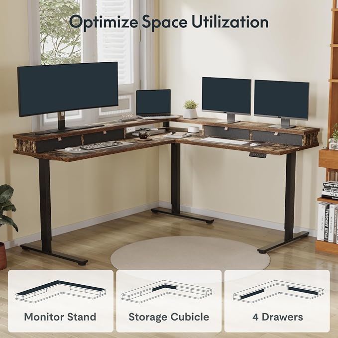 SANODESK 71" L Shaped Standing Desk with 4 Drawers, Height Adjustable Stand up Desk, Corner Gaming Desk with Monitor Stand, Black Frame/Rustic Brown Top