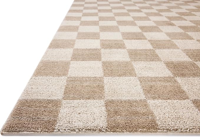 Loloi Chris Loves Julia Calvin Collection CLV-01 Pebble/Ivory 2'-7" x 7'-6" Runner Rug Checkered Neutral Soft Living Room Bedroom Carpet