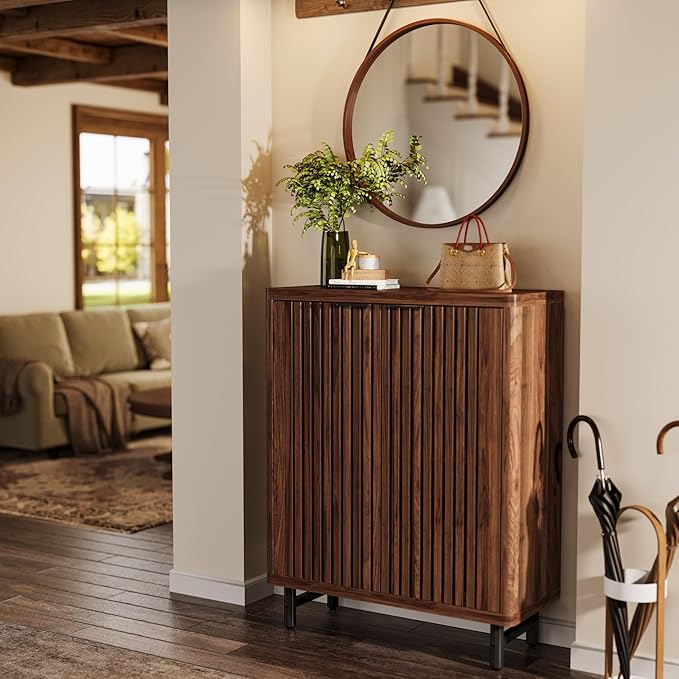 Tribesigns 6-Tier Farmhouse Shoe Cabinet with Shutter Doors, Wooden Shoe Organizer Rack with Adjustable Shelves, Modern Large Hidden Storage Furniture for Entryway, Hallway (Black&Brown)