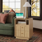 Nightstand with Charging Station, Mid Century Modern Nightstand with Arched Design, Boho End Table with Wood Grain Texture, Bedside Table for Bedroom Living Room Sofa Office, Oak
