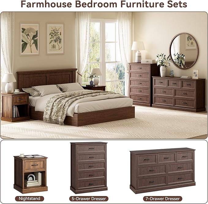 CARPETNAL Farmhouse Dresser and Nightstand Sets for Bedroom, 4 Pcs Bedroom Set, 5 Drawer & 7 Drawer Dresser and Nightstand Set of 2, Wood Chest of Drawers for Living Room, Entryway, Brown