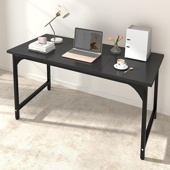 StarGraph Modern Computer Desk 55 Inch Large Office Desk with Carbon Fiber Desktop Home Office Desks with Sturdy Metal Frame Gaming Study Writing Work from Home Desks, Black