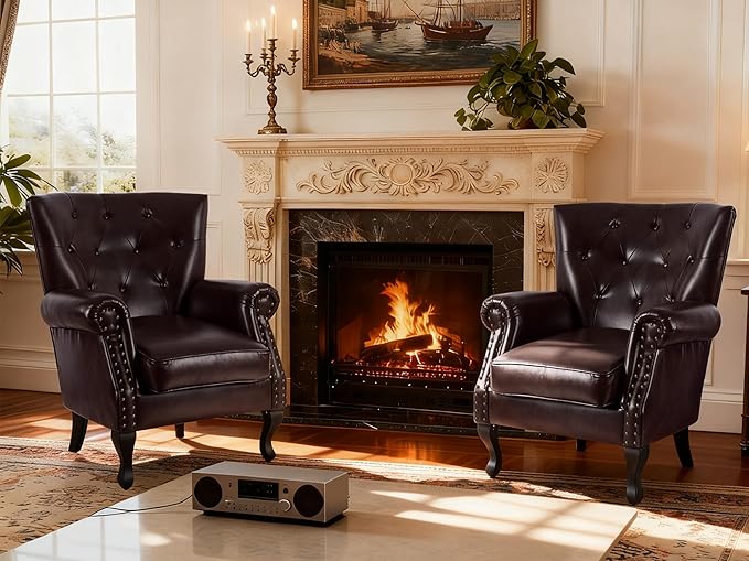 Modern Accent Chair Set of 2, Mid-Century PU Leather Armchair with Solid Wood Legs, Single Sofa Chair for Living Room, Bedroom, Leisure Room, or Reading Room(Caramel)