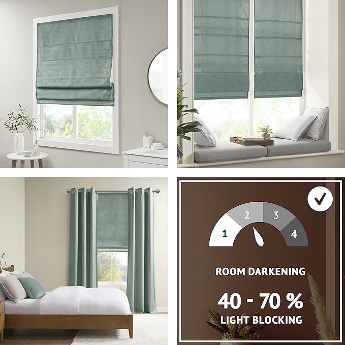 Madison Park Cordless Roman Shades Faux Silk Shade with Sheen 1-Panel Privacy, Room Darkening, Energy Efficient, Thermal Insulated Window Blind for Bedroom, Living Room Décor, 33"W x 64"L Como, Green