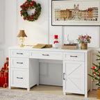 Farmhouse 61'' Executive Desk with 5 Drawers, Rustic Office Desk Computer Desk with Charging Station, File Drawers and Storage Cabinet, Wood Workstation for Study and Home Office,(Cream White.)