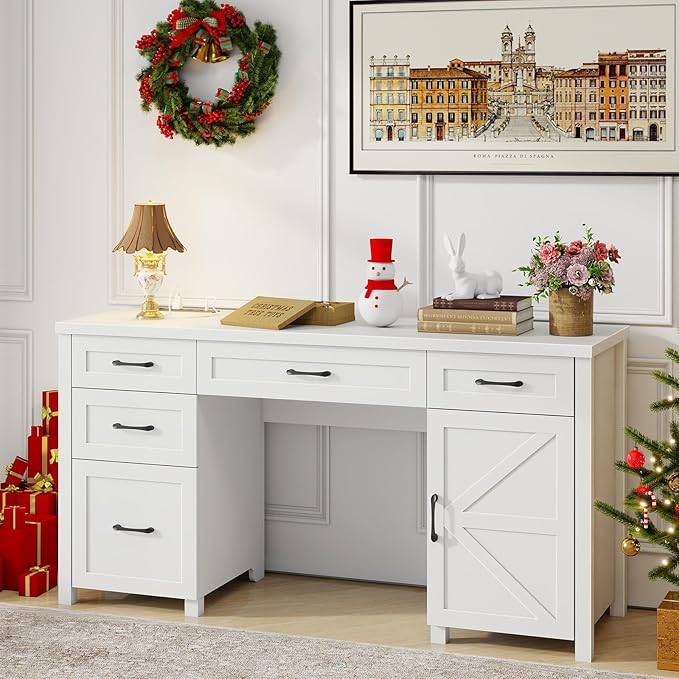 Farmhouse 61'' Executive Desk with 5 Drawers, Rustic Office Desk Computer Desk with Charging Station, File Drawers and Storage Cabinet, Wood Workstation for Study and Home Office,(Cream White.)