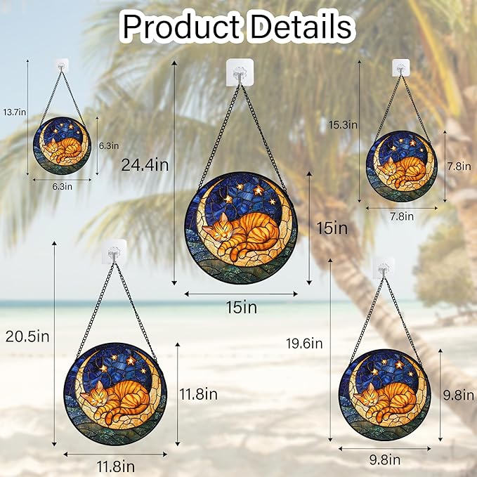 Stained Glass Window Hanging - Orange Moon Sleeping Cat Sun Catcher for Door Home Decor Blue Starry Sky Suncatcher Christmas Mother's Day Birthday Gifts for Women Men Mom Nana 7.8 in