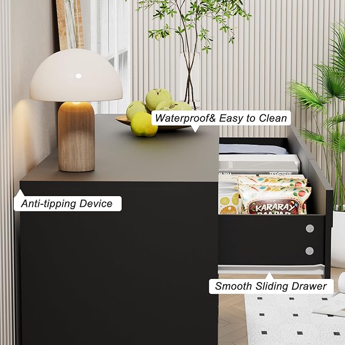 UEV 9 Drawer Dresser for Bedroom, 63" Long Mid-Century Modern Chest of Drawers with Unique Water Stream Pattern, Wooden Dressers Organizer for Living Room, Nursery (Black and Brown)
