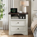 Yaamizz Farmhouse Nightstands Set of 2 with Charging Station, Table with Drawer and Storage Shelf, Wood Pilasters and Metal Handles, Vintage Design, Organizer for Bedroom, Hallway, White
