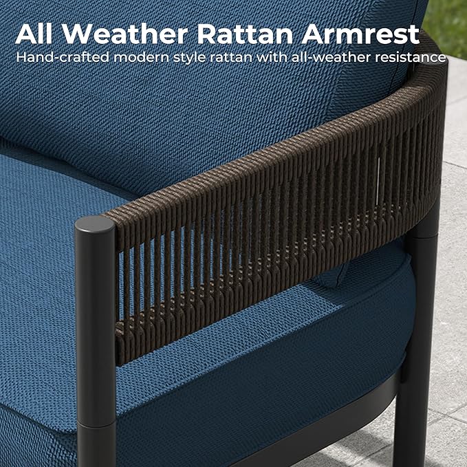 Grand patio 4-Piece Outdoor Conversation Set with 2 Single Chairs and 2 Patio Coffee Tables, Wicker Furniture Set, Peacock Blue