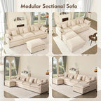 142.5" U Shaped Couch, Modular Sectional Sofa, 3-Seater Comfy Cloud Couch with Movable Ottoman, Deep Seat Couches for Living Room, Linen, Beige