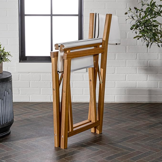 JONATHAN Y DRC1001B-SET2 Cukor Classic Vintage Outdoor Acacia Wood Folding Director Chair with Canvas Seat Mid-Century, Modern, Traditional, Classic, Coastal, White/Black Stripe/Teak Brown (Set of 2)