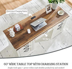 RedLemon 60" Farmhouse Executive Desk, Home Office Desk with Drawers, Charging Station, Keyboard Tray, File Drawer, Storage Cabinet, Wood Rustic Computer Writing Desk (Antique White)