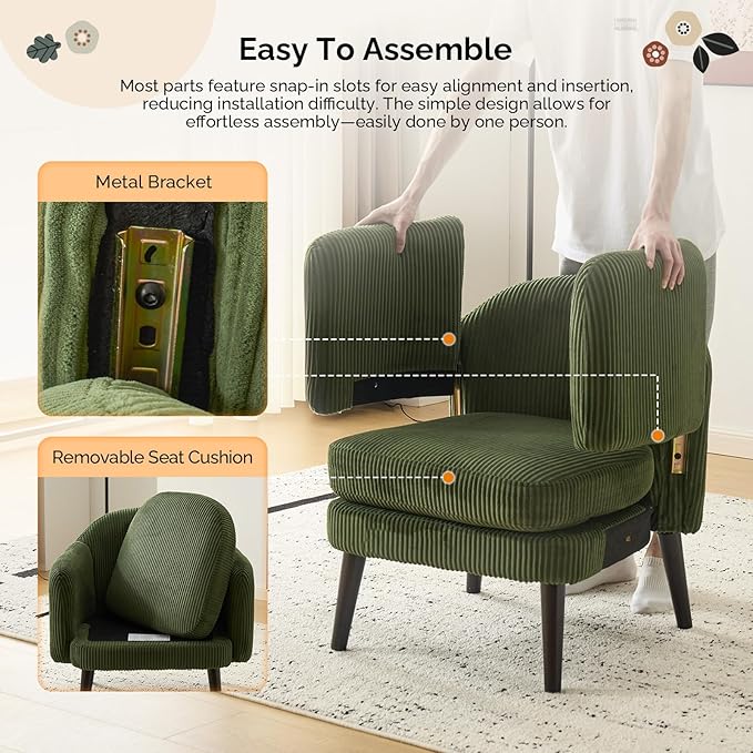 VINGLI 30.3" Wide Modern Barrel Accent Armchairs Set of 2 with Track Armrest, Solid Wooden Legs, Comfy Upholstered Club Chairs, Single Home Sofa for Living Room, Bedroom, Reading Room, Corduroy Green