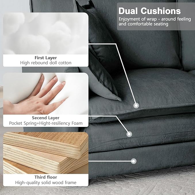 Modular Sectional Sofa, 146.5 Inch I-Shaped Cloud Sofa with Deep Seat Chenille Sofa with Cushions, Four Seater Sectional Sofa for Living Room Apartment,Gray