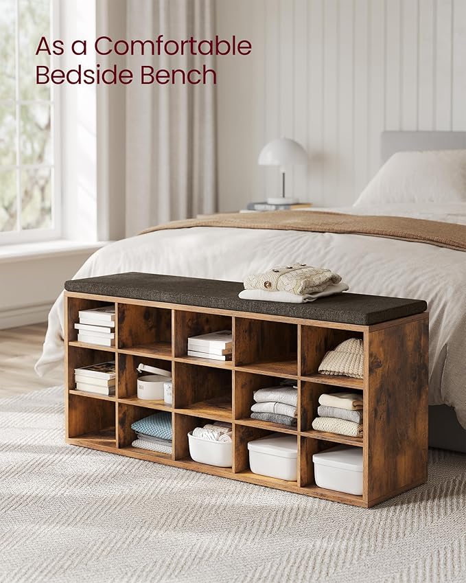 VASAGLE CUSTOS Collection - Shoe Bench, Storage Bench with Padded Seat, Entryway Bench with 15 Compartments, for Bedroom, 11.8 x 41.3 x 18.9 Inches, Rustic Brown and Chestnut Brown ULHS15BX