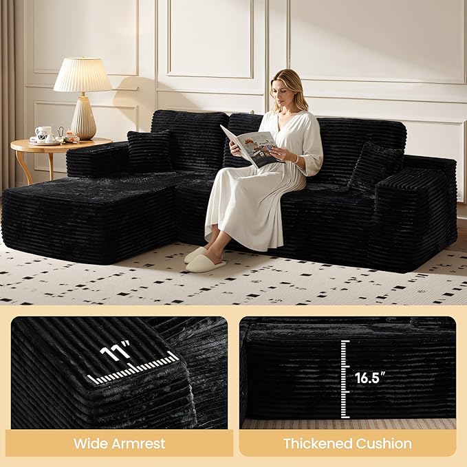 104" Cloud Sectional Couch with Chaise, Boneless L-Shaped Cloud Couch with Deep Seat, Soft Plush Modern Minimalist Sofa, Assembly Free Comfy Sofa for Office Living Room Apartment(Black, Left Chaise)