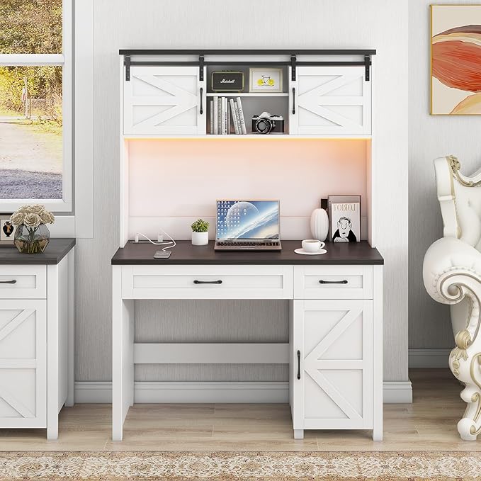 Vabches Farmhouse 47" Executive Desk, Computer Desk with 2 Drawers, Storage Cabinet and LED Light,Charging Hub, Home Office Desk with Hutch, Workstation for Home Office and Study, (Black