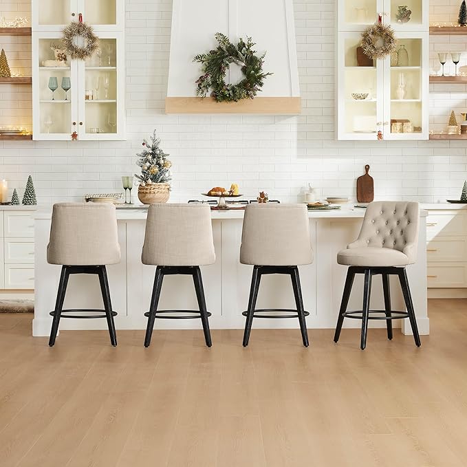 Watson & Whitely Counter Height Bar Stools, Performance Fabric Upholstered Modern Swivel Barstool with Back, Solid Wood Legs, 26" H Seat, Tan