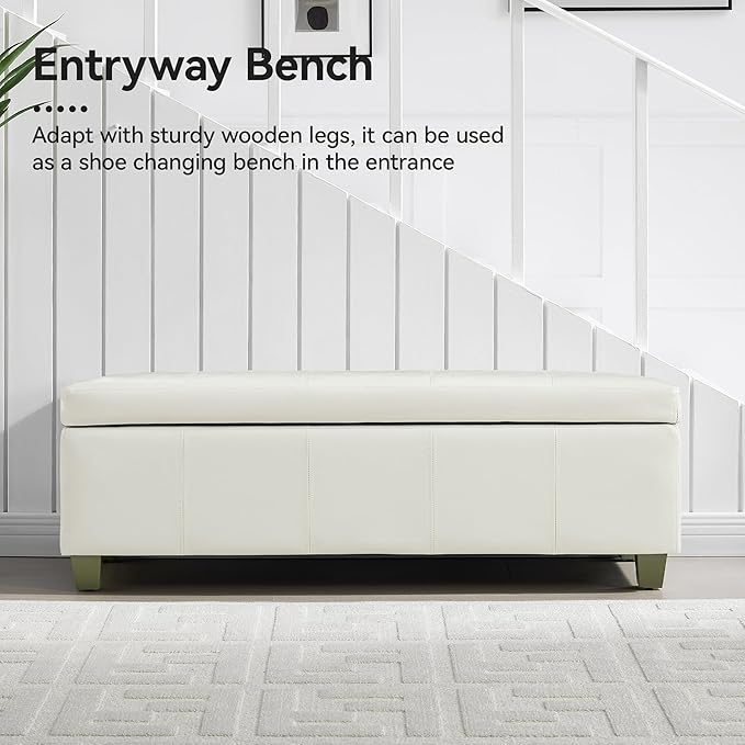 51" Faux Leather Storage Ottoman, Stitch Tufted Rectangle Upholstered End of Bed Storage Bench, Entryway Large Couch Ottoman with Wooden Legs,White