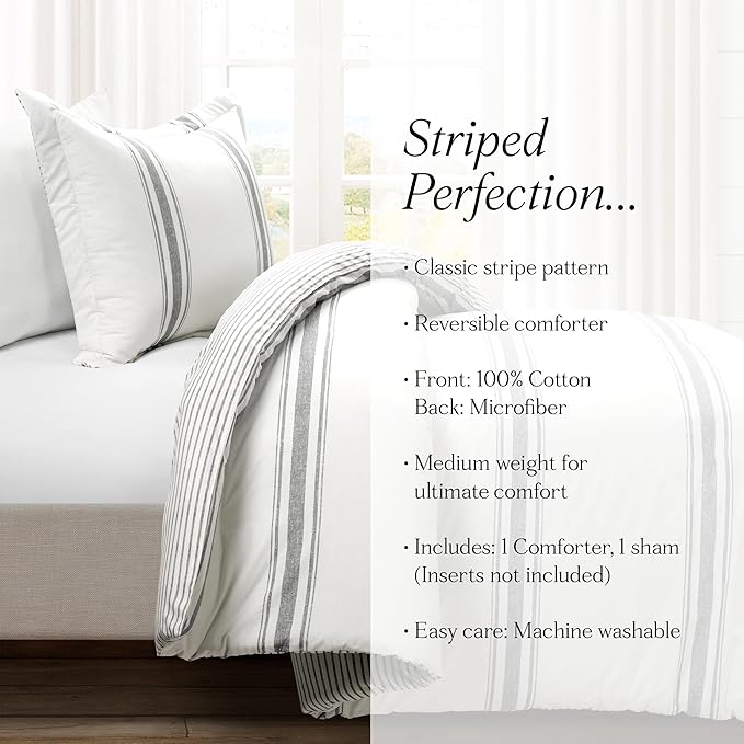 Lush Decor Farmhouse Stripe Reversible Cotton Comforter Set , 2 Piece Set, Twin XL, Dark Gray - Twin Bedding Set - Dorm Decor - Striped Comforter For Kids Or Teens - Modern Farmhouse Bedroom Decor