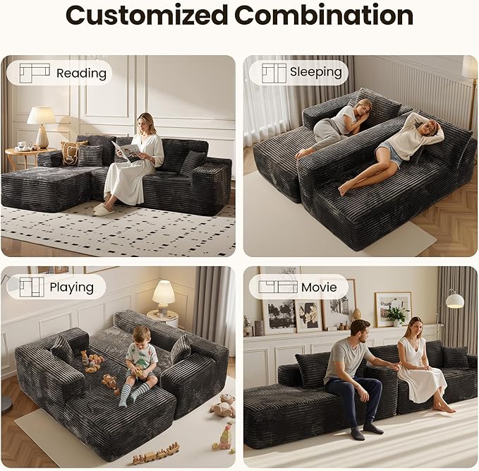 104" Cloud Sectional Couch with Chaise, Boneless L-Shaped Cloud Couch with Deep Seat, Soft Plush Modern Minimalist Sofa, Assembly Free Comfy Sofa for Office Living Room Apartment(Grey, Left Chaise)