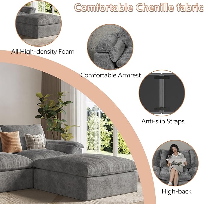 EASE MOOSE Oversized Cloud Couch Sectional Sofa, U-Shaped Modular Couch for Living Room, Minimalist Boneless Convertible Couches with Ottoman, 5-Seat Deep Sofas for Bedroom, Chenille (Grey)
