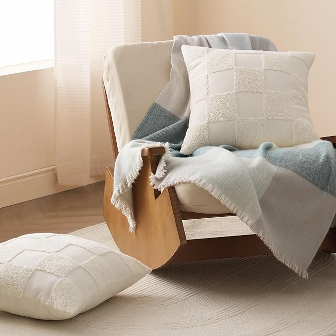 Double Stitch Checkered Throw Pillow Covers - 100% Cotton Set of 2 Tufted Boho Decorative Pillow Covers 18x18, Made in India, Square Cushion Case, Modern Home Decor for Couch, Sofa, Living Room, Cream