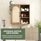 RUSTOWN Boho Rattan Wall Cabinet, Midcentury Bathroom Cabinet with Sliding Door, Adjustable Shelves, Over The Toilet Storage Cabinet (Rustic Oak)