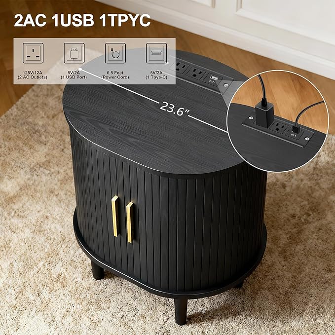 Nightstand with Charging Station, Fluted Accent Side Table with Sliding Door & Adjustable Shelf, Mid-Century Modern End Table for Small Space, Living Room, Bedroom(1, Black)