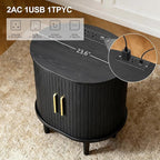Nightstand with Charging Station, Fluted Accent Side Table with Sliding Door & Adjustable Shelf, Mid-Century Modern End Table for Small Space, Living Room, Bedroom(1, Black)
