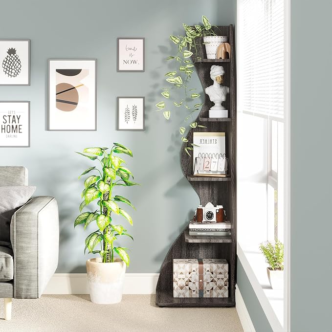 Tribesigns Corner Shelf, Modern 5-Tier Wall Corner Bookshelf, Stylish Corner Small Bookcase Storage Rack Plant Stand with Unique Shape for Living Room, Home Office