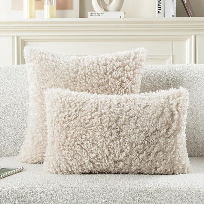 FUTEI Beige Decorative Throw Pillow Covers 18x18 Inch Set of 2,Soft Fluffy Faux Wool Fur Boucle Textured Cushion Case,Modern Home Decor for Couch Bed Living Room Office