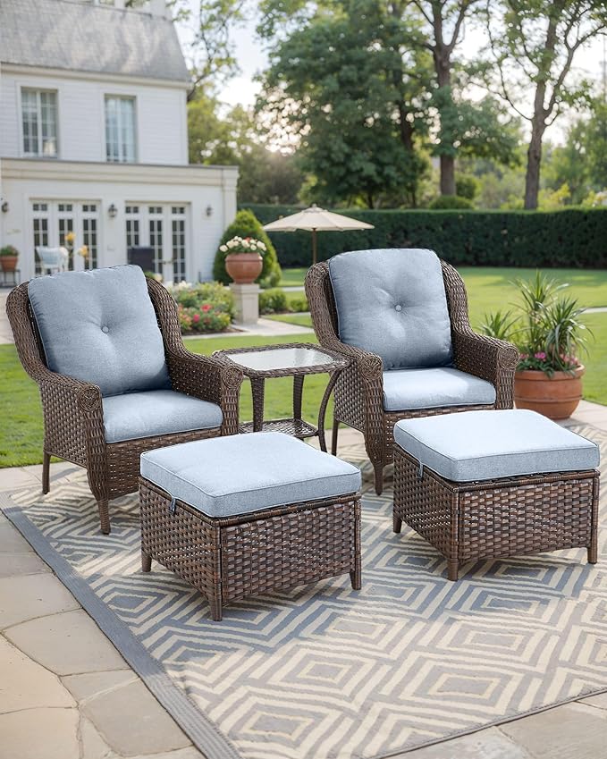 3 Piece Patio Brown Wicker Chairs with Side Table - Outdoor High Back Heavy Duty All-Weather Lawn Dining Rattan Chair Conversation Bistro Set for Deck Porch Balcony Backyard Garden - Baby Blue