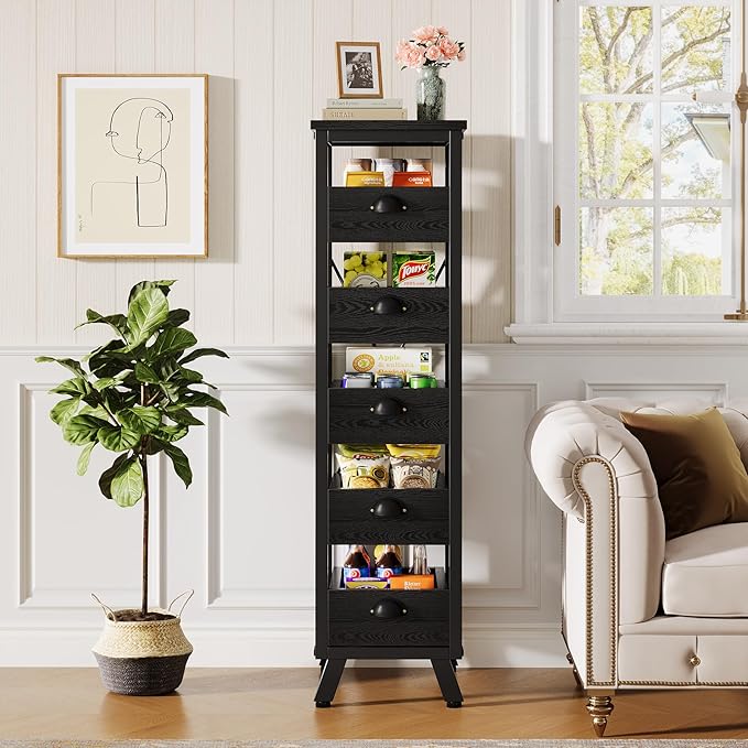 Tribesigns Black Wood Fruit and Vegetable Storage Rack Set of 2, 5-Tier Narrow Snack Stand Kitchen Stand Fruit Basket, Pull-Out Utility Organizer for Kitchen, Living Room