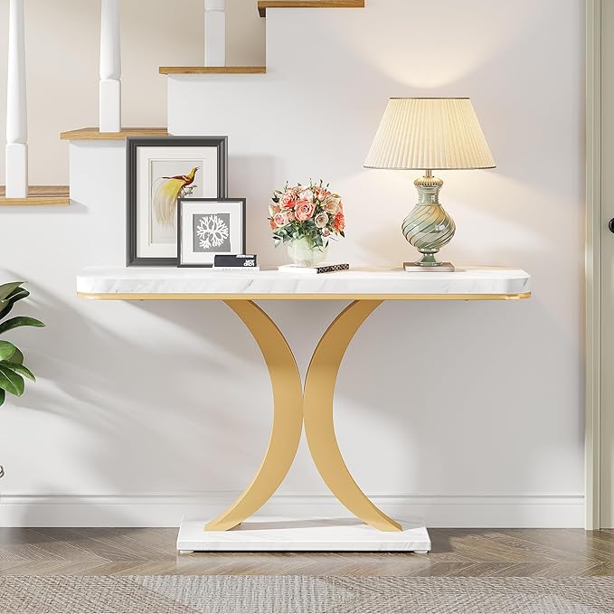 Tribesigns Modern Gold Console Table, 40 inch Narrow Entryway Foyer Table with Geometric Base, Rustic Hallway Accent Table for Living Room, Entrance, White and Gold