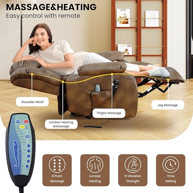TEKAMON Power Lift Recliner Chair for Elderly with Heat & Massage, Dual Motor Breathable Leather Recliner, Lay Flat Sleeping Chairs with Infinite Position, Remote Control & USB Ports(Ochre, Extended)