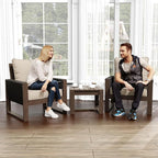 Patio Chairs 3 Piece Wood Patio Furniture with Coffee Table & Cushions, PE Wicker Outdoor Conversation Set Balcony Chairs for Garden, Porch, Deck, Backyard