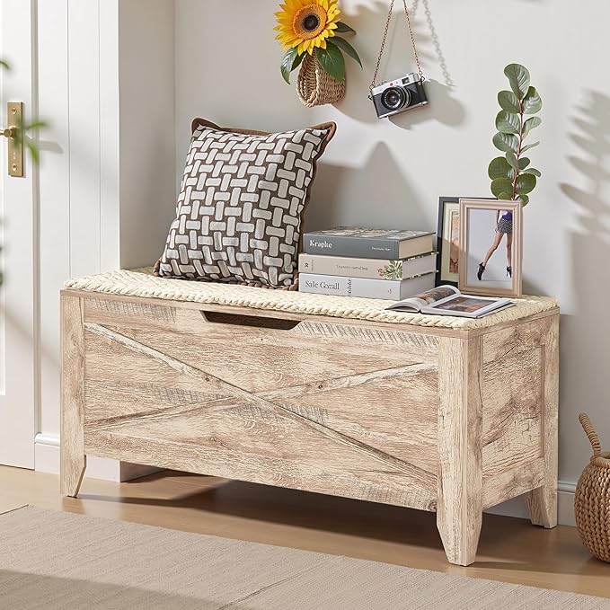 VECELO 43.3" Storage Bench, Entryway Shoe Ottoman, Farmhouse Style Bench with Handwoven Cushion and Metal Safety Hinges for Bedroom, Living Room, Entryway, Wood