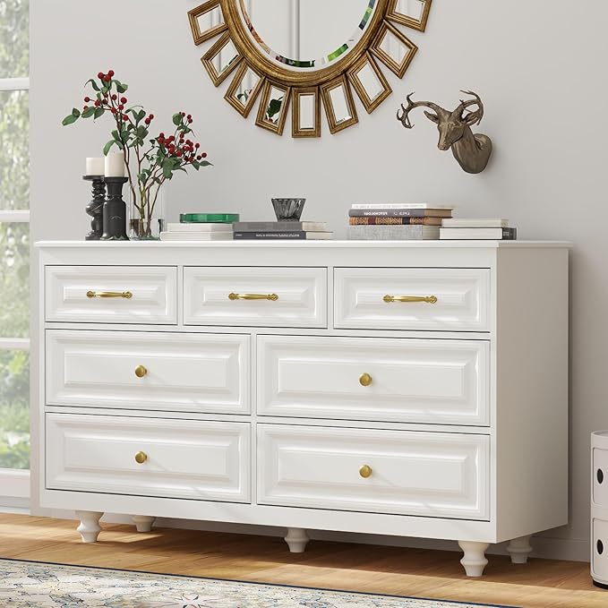 Farmhouse Dresser for Bedroom, 51'' Wide Rustic chests of Drawers with Natural Texture, 7 Drawers Dresser Vintage Design, Storage Dressers Organizer, White