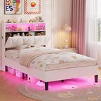 Twin Bed Frames with Storage Headboard, Power Outlet, Velvet Upholstered Platform Bed for Kids, LED Bed Frame Twin with 5 Storage Shelves, No Box Spring Needed, Creamy White