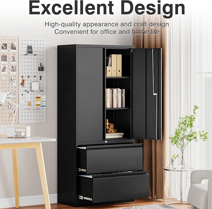 SISESOL Black Metal Storage Cabinet with Drawers and Lock,Locking Steel Storage Cabinet with Doors and Shelves,71" Office File Cabinets for Home Office,Warehouse,Garage,School (Black, 2 Drawers)