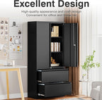 SISESOL Black Metal Storage Cabinet with Drawers and Lock,Locking Steel Storage Cabinet with Doors and Shelves,71" Office File Cabinets for Home Office,Warehouse,Garage,School (Black, 2 Drawers)