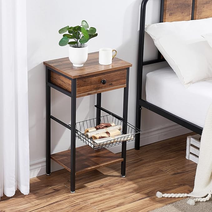VECELO Tall End Side Tables 27 Inch Night Stand with U-Shape Basket and Storage Drawer/Shelf for Living Room/Bedroom/Small Spaces, Set of 2, Hemp Gray