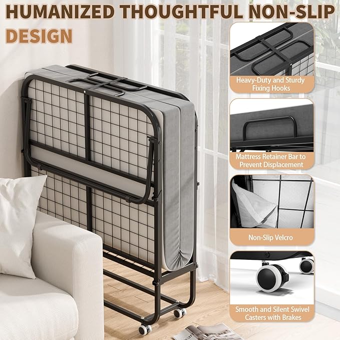 75" x 38" Folding Beds with Mattress for Adults, Portable Foldable Twin Bed with Memory Foam Mattress & Super Strong Frame, Convenient Roll Away Guest Bed for Storage