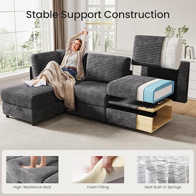 KKL Modular Sectional Sofa Bed with Storage Ottoman, Convertible L/U/J-Shaped Sleeper Couch Plush Wide-Wale Corduroy for Living Room, Apartment, Modern Design, Gray