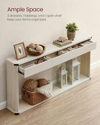 VASAGLE Console Table, 63 Inches Sofa Table, Narrow Entryway Table, Entry Table with 3 Drawers, Bottom Shelf, Metal Corners, for Living Room, Bedroom, Farmhouse Style, Rustic White ULNT146W73