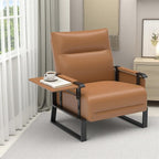 Upholstered Accent Chair, Modern Faux Leather Sofa Chair with Foldable Side Tray Table & Storage Pocket, Small Accent Sofa for Living Room, Bedroom, Reception Room, Brown