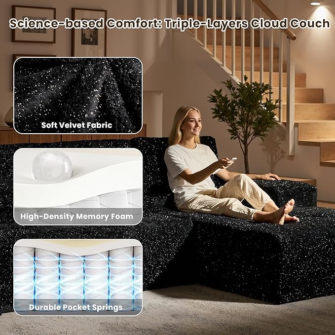 114" Glitter Cloud Sectional Couch with L-Shape Chaise & Ottoman, Modern Boneless Couches for Living Room, Fluffy Tufted Deep Seat Modular Sofa No Assembly (Black Sparkly Velvet,Right Facing)